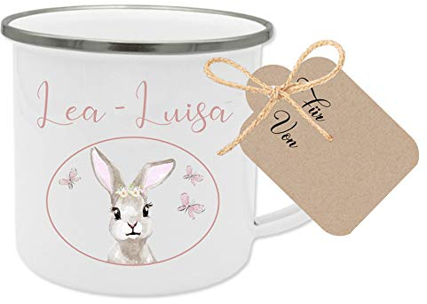 Manufaktur Liebevoll Emaille Tasse Kinder Geschenk personalisiert Kindertasse Hase Geschenk mit Name Kinder Geburtstagsgeschenk Tasse (Motiv “Lea Hase”)
