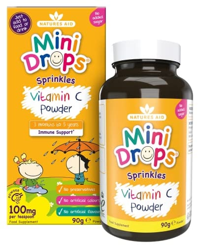 Natures Aid Mini Drops Vitamin C Sprinkles 90g for Infants & Kids - Immune System Support - No Sugar, Vegan, Gluten-Free, Non-GMO - Easy-to-Use Daily Supplement for Children Aged Under 5