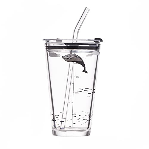 Recycled Glass Cup 450ml with Handle and Straw Transparent Juice Milk Tea Water Bottle with Lid and Scale Drinking Straw Coffee Cup Glasses (Whale)