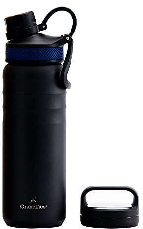 Grandties 709ml Reise Wasserflasche - Wide Mouth Vakuum Isolierte Wasserflasche mit Zwei Stil Deckeln, kälteste Wasserflasche für Männer, Hydroflaschen für Frauen - Mitternachtsschwarz