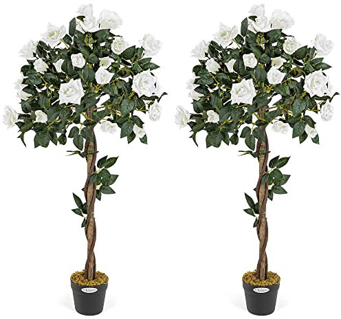CHRISTOW 2 Artificial Rose Trees Cream Flowers Twisted Trunk Potted Indoor Outdoor 4ft (Pair)
