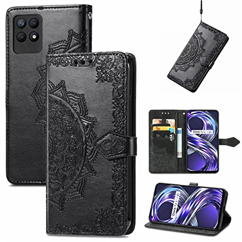 Fertuo Hülle für Realme 8i, Handyhülle Leder Flip Case Tasche mit Kartenfach, Magnet und Standfunktion [Mandala Muster] Handy Schutzhülle Ledertasche für Realme 8i, Schwarz