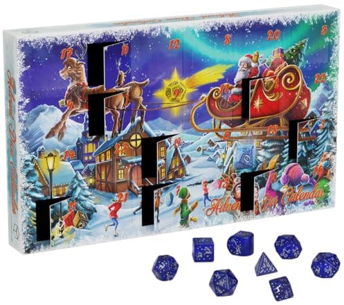 World of Dice Q-Workshop Würfel Adventskalender 2024 inkl Würfelbeutel, 23 DND-Würfel, 1 Legendäre Münze, für alle Fans von Dungeons and Dragons, DND, D&D, DSA, usw.