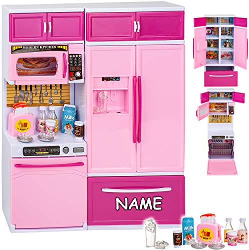 alles-meine.de GmbH Puppenhaus Möbel - Sound & Licht - 31 cm groß - Geschirrspüler + Mikrowelle + großer Kühlschrank/Küchenschrank - inkl. Name - mit Zubehör - Miniatur Puppens..