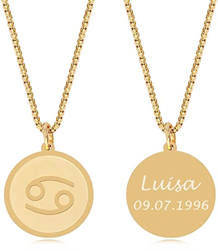TIMANDO Damen Sternzeichen Kette Krebs mit Gravur, Personalisierte Halskette mit Namen in goldfarben, Horoskop Anhänger, Geburtstagsgeschenk