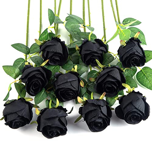 Flojery 10 künstliche Rosen, langer Stiel, künstliche Seidenrosen für DIY, Hochzeit, Blumenstrauß, Tischdekoration, Heimdekoration (schwarz)