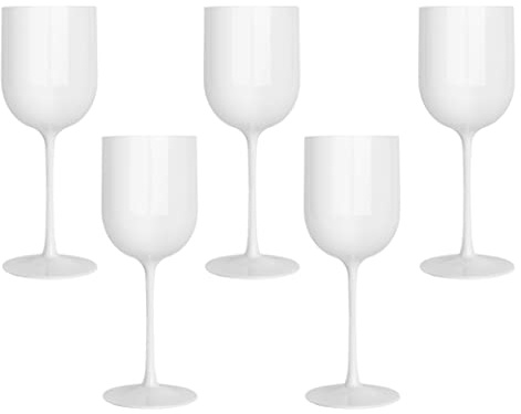 PLASTICPRO White Plastic Wine Glasses Set of 5 Elegant Wine Goblets Hard Plastic Wine Cups on Stem 12 Ounce