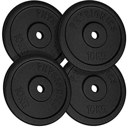 Physionics® Gusseisen Hantelscheiben Set - 2x5/4x5/6x5/2x10/4x10/6x10/2x15/4x15/6x15/2x20/4x20/6x20 kg, Ø30mm Bohrung, für Langhantel und Kurzhantel - Gewichtsscheiben, Gewichte Set (4 x 10kg (40kg))