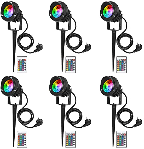 6 Stücke LED Gartenleuchte RGB mit Erdspieß,LED Gartenlampe 10W 1000LM led strahler außen IP65
