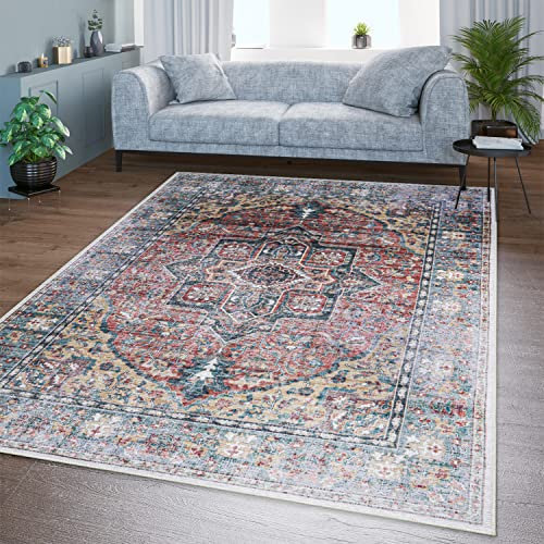 TT Home Wohnzimmer Teppich Flachgewebe Marokkanisch Design Used Look Ornamente Waschbar, Farbe:Bunt 2, Größe:140x200 cm