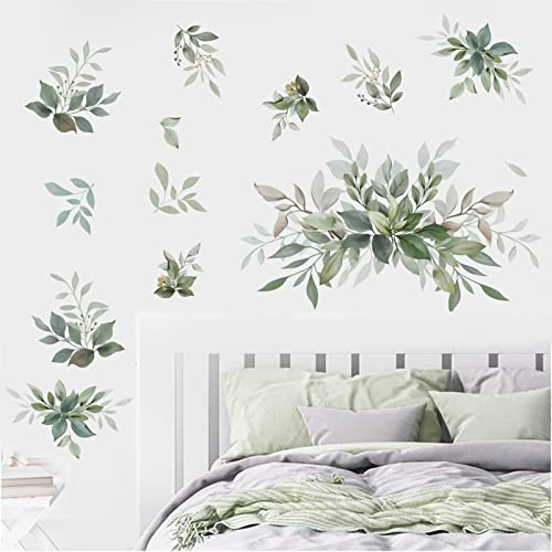 wondever Wandtattoo Blätter Aquarell Wandaufkleber Verlässt Pflanzen Grüne Wandsticker Wanddeko für Schlafzimmer Wohnzimmer Sofa Hintergrund