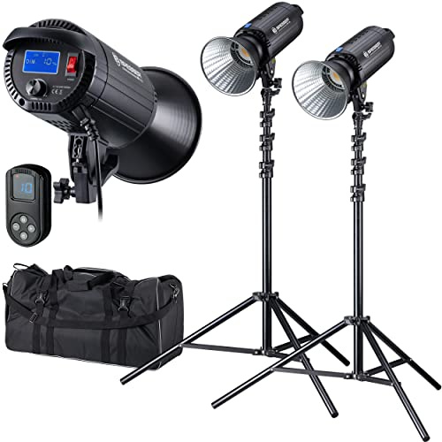 Bresser BR 150S COB LED Dual Kit 2 x 150 W mit Reflektoren und Stativen | 2 COB LED Leuchten mit je 13500 Lumen, 5600 K, CRI 96, dimmbar 10 bis 100 Prozent, Bowens Anschluss, Fernbedienung