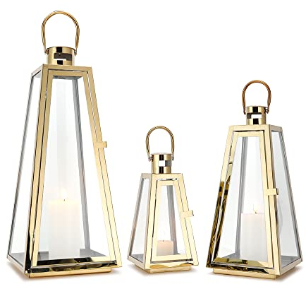 TRIROCKS 3er-Set Edelstahl Kerzenlaterne 54/40/27,5 cm Hoch Metall Kerzenhalter Für Draußen Dekorative Hängelaterne Mit Gehärtetem Glas Für Zuhause Wohnzimmer Partys Innen (Gold)