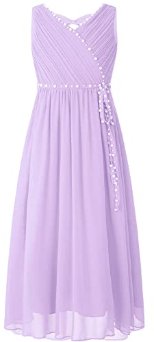 iEFiEL Mädchen Kleid Festlich Lang Kinder Kleidung Hochzeit mit Perlen Schleife Blumenmädchenkleid Prinzessin Kleid Chiffonkleid Lavender 134-140