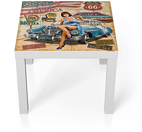 DEQORI Glastisch | weiß klein 55x55 cm | Motiv Route 66-Plakat | ausgefallener Beistelltisch aus Glas | Hochglanz Couchtisch fürs Wohnzimmer | moderner Couch Tisch mit Design