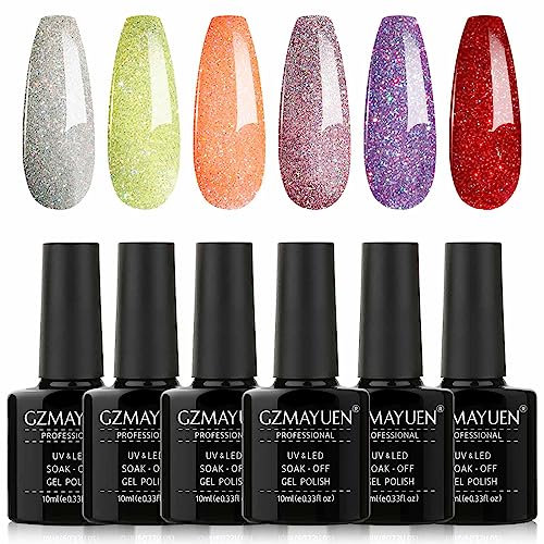 GZMAYUEN Shellac Glitzer, UV Nagellack Glitzer Silber Gelb Orange Rot Lila UV Shellac Glitzer, 6 Farbe Glitter Glitzer Gel für Gelnägel 10ML
