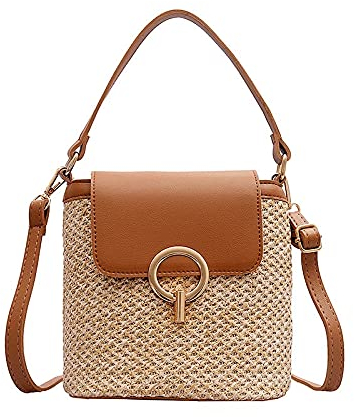 Ocnvlia Small Straw Bucket Bags for Women Summer Bags Lady Travel Purses and Handbags Female Shoulder Simple Bag Brown