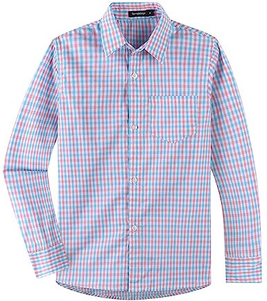 Spring&Gege Chemise à manches longues en popeline à carreaux pour garçon, Bleu/Rose Petit Vichy, 7-8 ans