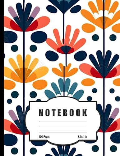 Notebook: Geometric Flowers Pattern Lined Notebook Journal in Marimekko Style, Harmonious Colors, White Background, 8.5x11 Inches, 120 Pages