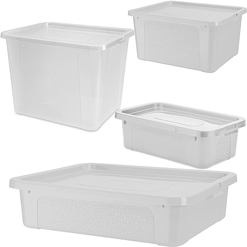 EDANTI 4x Aufbewahrungsbox Kunststoffbehälter MultiBox mit Deckel 4.5L, 10L, 20L, 30L (Transparent)