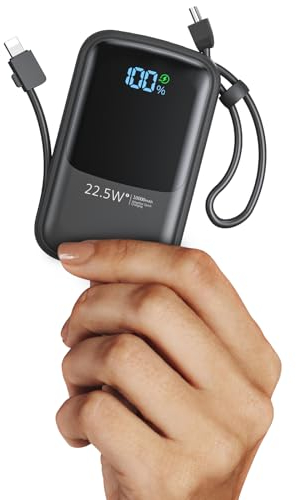 Rsesun Power Bank, Powerbank 10000mAh mit Kable Externe Handyakkus Schnelles Laden PD3,0 QC4,0 22,5W mit Ausgang LED Display, mit 4 Ports kompatibel mit Smartphone, Tablets und mehr (Schwarz)