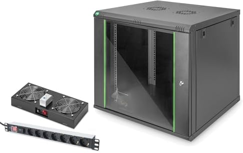 DIGITUS Set: 19 9HE Netzwerkschrank + Dachlüfter + 7-Port Steckdosenleiste // 19 Zoll Rack – Wandmontage – 600mm Tiefe – Traglast 60kg – Nutztiefe 320-450 mm – Dynamic Basic Serie – Schwarz