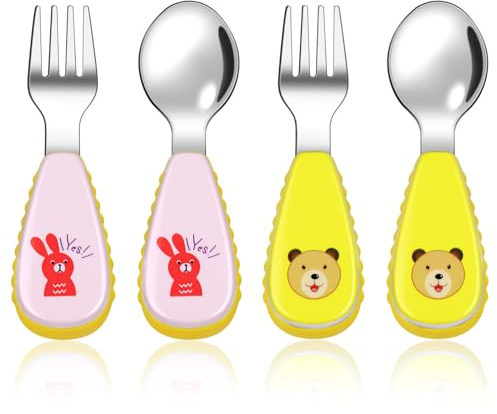 Aolso Ensemble de Couverts pour Bébé, 4 Set Bébé Toddler Ustensiles,Cuillères et Fourchettes en Silicone et Acier Inoxydable pour Bébés et Tout-Petits, sans BPA (Rose/Jaune)
