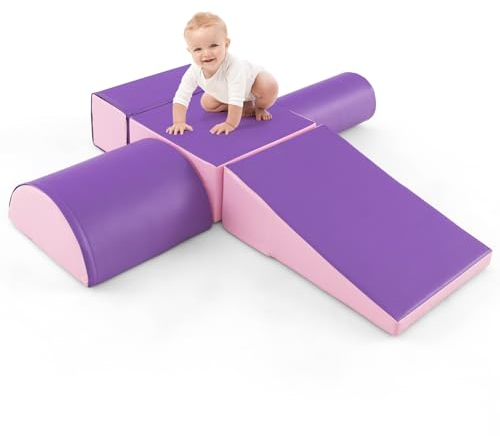 GOPLUS 5 TLG. Schaumstoffbausteine, Softbausteine zum Klettern & Rutschen, Riesenbausteine aus PU & EPE für Kinder, Großbausteine mit Vielseitige Formen für Kinderzimmer & Kindergarten (Lila)