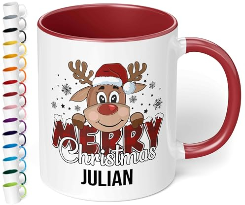 True Statements Weihnachtstasse mit Namen personalisiert „Merry Christmas“ - mit Rentier-Motiv - 330ml Keramik Kaffeebecher mit Spruch – Geschenk für Kollegen & Familie (Bordeaux)