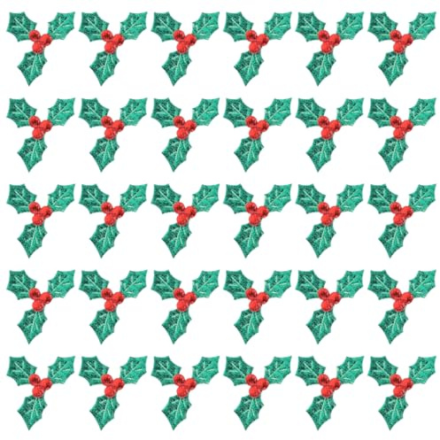 HOMSFOU 200Pcs Holly Berry Leaves DIY Crafts Accessory for Christmas Decorations Fabric for Holiday Cards Present Tags and Tree Decor