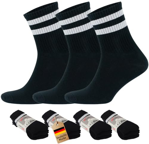 RHODEA - Tennissocken Herren & Damen Unisex 39-42 | 43-46 - 3er-Pack Weiß & Schwarz Gestreifte Sportsocken - 80% Baumwolle, Hervorragende Passform für Sport, Ideal für den täglichen Gebrauch