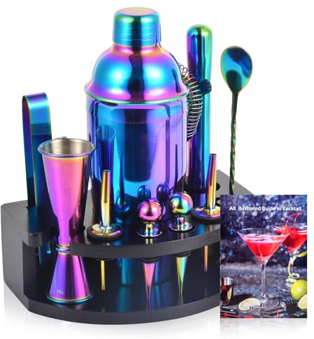 Safring Bartender Kit with Stand, 12-Piece Bar Set | 24oz Cocktail Shaker Set for Drink Mixing, Martini Shaker Set with Bar Tools, Recipes Booklet | Fun Housewarming Gift (Rainbow)