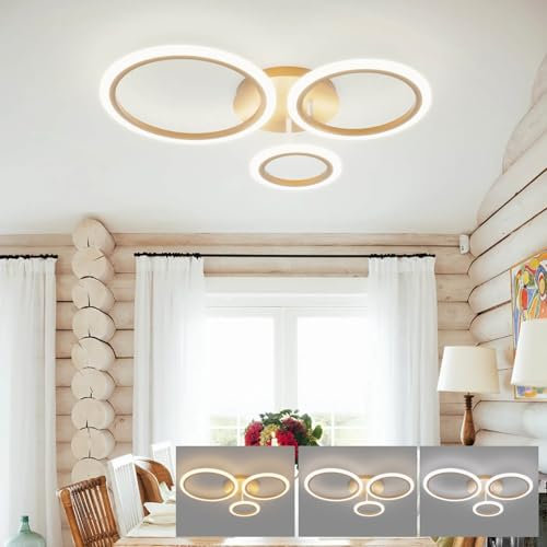 KeLuKes 59cm Moderne Led Deckenlampe Schlafzimmer, 3-Ring-Deckenlampen-Design, 46W Dimmbar Deckenleuchte Für Wohnzimmer, 3000K-6000K, Gold Küchendeckenlampe