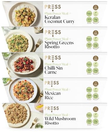 Press Healthfoods, Ready Meal Bundle, 5 High Protein Plant-Based Meals, Low Fat and High Fibre Meal Options, Micvac Technology, 100% Natural Ingredients, Vegan, Recyclable Packaging