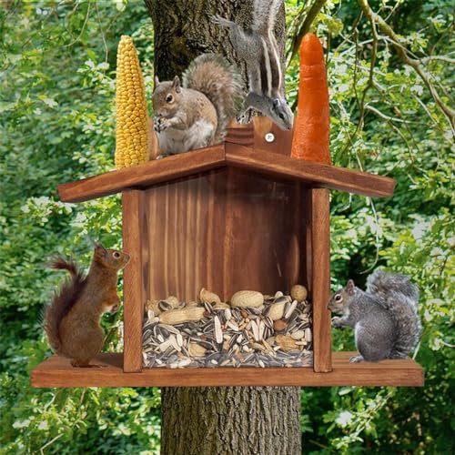 Maison d'Écureuil et Mangeoire à Oiseaux en Bois pour l'Extérieur - Facile à Remplir, Visible avec Panneau Amovible pour Maïs et Arachides