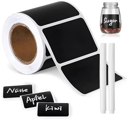 Wiederverwendbare Kreidetafel-Etiketten – 2 Rollen (120 Aufkleber) mit 2 Flüssigkreide-Markern – wasserdichte abnehmbare Tafelaufkleber für Gläser, Mülleimer, Speisekammer, Büro & Küche Organisation
