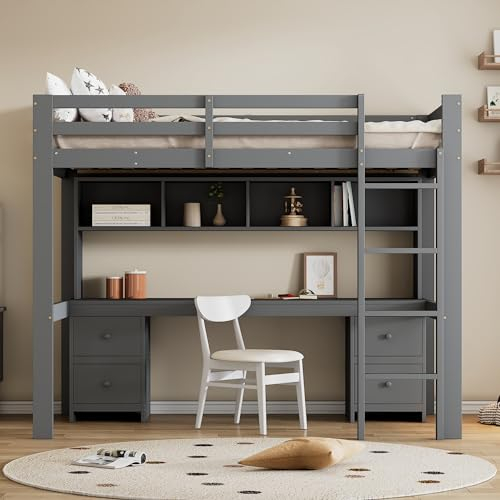 Hochbett mit Schreibtisch und Bücherregal für Kinder, Kinderbett mit Schrank mit vier Schubladen, inklusive Lattenrost, 90x200cm Funktionsbett Etagenbett Stockbett Kinderhochbett Jugendhochbett, Grau