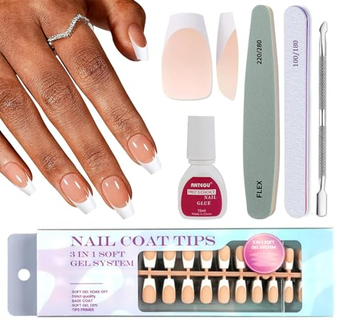French Press on Nails Short, 300Pcs Nude Color Coffin Fake Nails White Tip False Nail Kit, Full Cover Stick on Nail French Nail Art Manicure Decorations for Girls Women