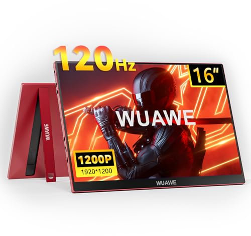 WUAWE 16 1200P 120Hz Monitor Portátil, Monitor de Juegos Portátil con 100% sRGB, con Soporte Integrado, HDR y Freesync, Monitor Externo USB C para Laptop, PC, Teléfono, Switch, Xbox y PS5 (Rojo)