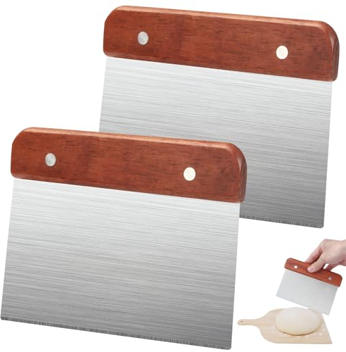 Pack of 2 Stainless Steel Dough Scrapers with Wooden Handle, 15 cm Multi-Purpose Dough Card Stainless Steel Scraper Kitchen Dough Cutter Stainless Steel Kitchen Spatula for Cakes, Pizza, Bread