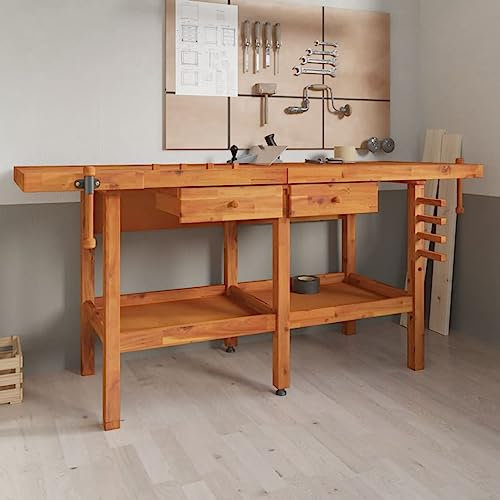 Homgoday Möbel Werkbank Schubladen und Morse 192 x 62 x 83 cm Massivholz Akazie, Werkbank für Garage Werkstatt ohne Schrank