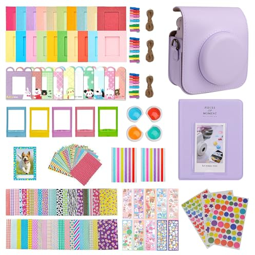 Meetikar Sofortbildkameras Zubehör für Instax Mini 12, Kameratasche für Instax Mini 12 mit 64 Taschen Fotoalbum und Farbfilter/Bilderrahmen/Wanddekorrahmen/Rahmenaufkleber/Eckaufkleber (Lila)