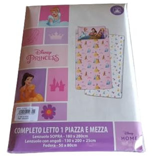 Sfiziosa 3-teiliges Bettwäsche-Set für Mädchen, kompatibel mit Prinzessinnen-Muster, 100 % Baumwolle, für Einzelbett und 1/2 Größen Oberbett: 180 x 280 cm, Spannbettlaken 130 x 200 + 25 cm.