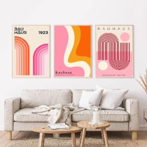 RDRDtbtr Pinke Bauhaus-Ausstellungslinie Wellen-Leinwandgemälde Retro-Wand Bilder abstraktes nordisches Poster Kunstdruck Wandbild Wohnzimmer Heimdekoration 40 x 60 cm x 3 ungerahmt