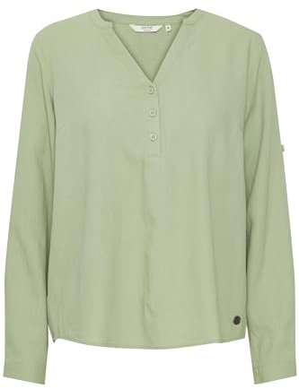 OXMO OXANJA Damen Bluse aus Leinenmix Shirt Langarm klassisch mit V-Ausschnitt und Knöpfen Regular Fit und Knöpfbare Ärmel, Größe:40, Farbe:Seagrass (166008)