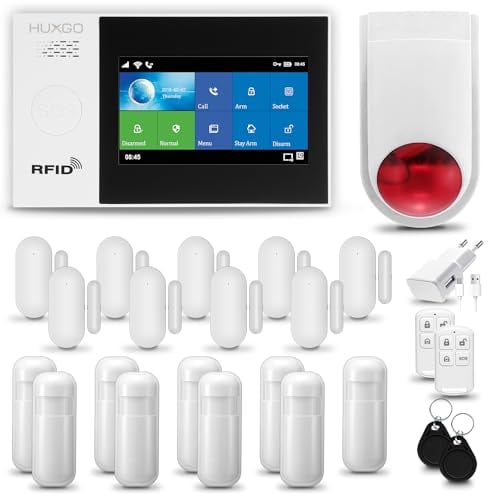 HUXGO® HXA007 Alarmanlage Haus WiFi + GSM mit Funk Sirene | Alarmanlage Wohnung mit App. TUYA | Alarm System mit 9X Bewegungsmelder, 9X Tür- Fenstersensor| Wohnmobil Alarmanlage