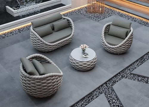 ComfyHaven 4-Piece Luxury Outdoor Sofa Set –Waterproof, Aluminium Frame with Textilene Rope and Premium Water-Resistant Olefin Cushions–Perfect for Garden & Poolside (Light Grey)