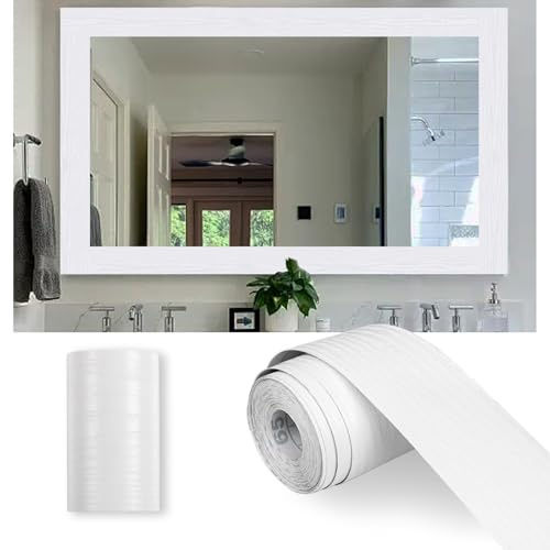 Alened 10M White Wood Grain Mirror Frame Border Peel and Stick Wallpaper, Removable PVC Waterproof Bathroom Mirror Tape Sticker Trim, Kitchen Wallpaper Self Adhesive Decor Sticker 2 x 393