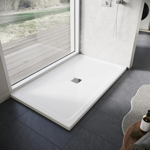ELEGANT SMC Shower Tray 1000 x 800 x 40 cm White Durable Shower Tray with Non-Slip Flat Stone Look for Shower Enclosure Cubicle and Wet Bathroom + Waste Trap