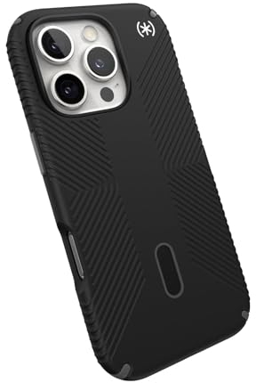 Speck Schwarze iPhone 16 Pro Hülle mit MagSafe und ClickLock - Presidio 2 Grip Handyhülle - Schwarz/Schiefer
